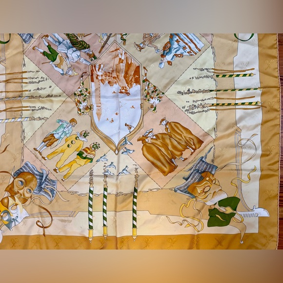 HERMES Vintage Rare Luxury Mandolin Jacquard Silk 90 Scarf “Le Carnaval Venise” - Picture 9 of 16